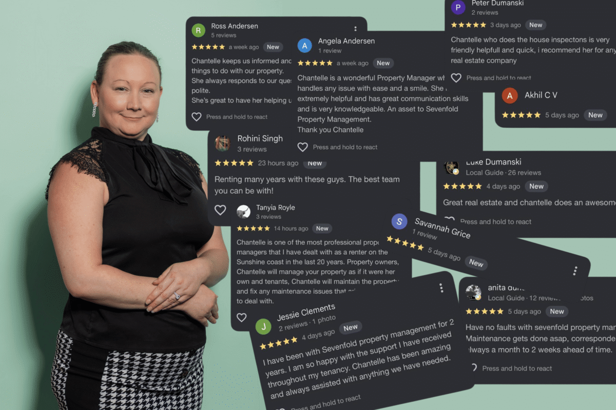 An image of a property manager standing next to her five star google reviews